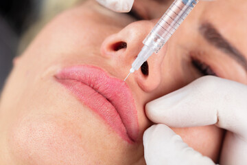 Young lady getting injections for bigger, fuller lips. The woman in the beauty salon. Plastic...