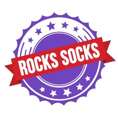 ROCKS SOCKS text on red violet ribbon stamp.