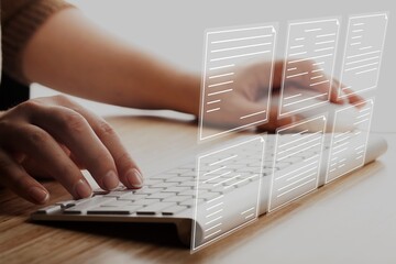 Paperless workplace idea, electronic signature, document management. A businessman signs