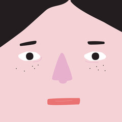 Funny cartoon girl face. Vector hand drawn illustration.