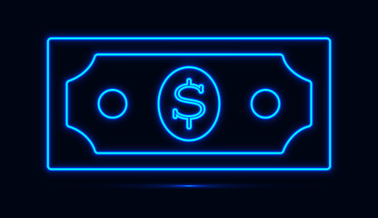 Blue neon dollar banknote isolated on dark background