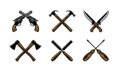 Instruments and guns crossed. Set of vector illustrations for vintage logo design. Guns, axes, hammers, chisel, knives. 