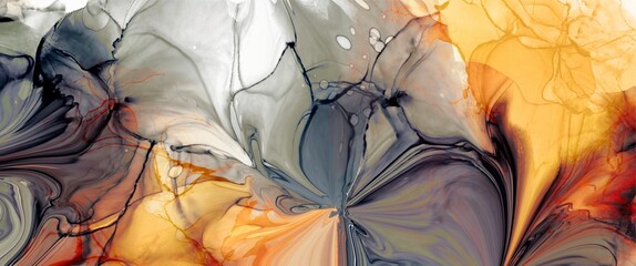 Luxury alcohol ink background with fire orange and yellow color, grey contrast, modern design elements, modern fluid art texture, hand drawn painting wallpaper - 489955739