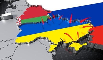 Russia, Belarus and Ukraine invasion/ war map - 3D illustration - obrazy, fototapety, plakaty