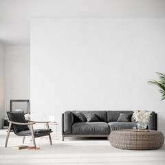 Modern beautiful interior with a white wall, carpet and a stylish sofa. Light Scandinavian design. 3D rendering