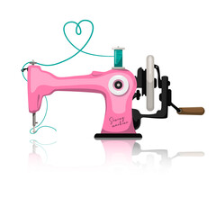 Retro pink sewing machine with heart thread isolated on white background - vector