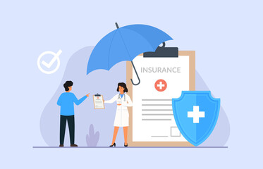 Health insurance concept. Doctors characters stand near health insurance Contract. Vector illustration of healthcare.