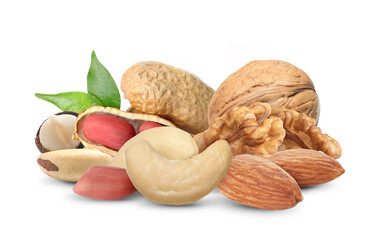 Mix of tasty organic nuts on white background