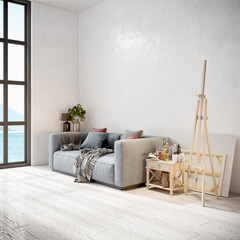 Modern beautiful interior with a white wall, carpet and a stylish sofa. Light Scandinavian design. 3D rendering