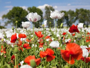 Fototapeta premium flowering opium poppy field in Latin papaver somniferum