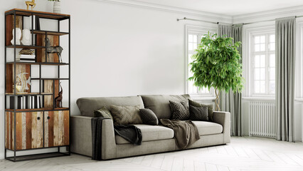 Beautiful interior of a modern room. Bright and clean design. A sofa standing by a large window against a wall background. 3D rendering