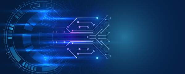 Abstract circle technology communication, vector illustration. Hi-tech computer digital technology concept. Wide Blue background with various technological elements.