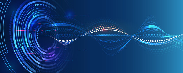 The global wireless standard concept. Hi-tech communication illustration on a blue background. 5G high-speed information transmission technology. - obrazy, fototapety, plakaty