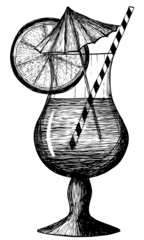 vector illustration orange cocktail with straw and umbrella isolated on white background drawn in strokes.