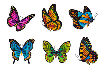 Fototapeta na wymiar Butterflies set on white background isolate. Watercolor illustration, liner. 