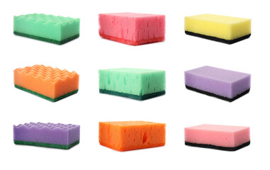 Set with cleaning sponges on white background