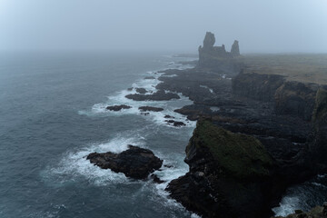 Western Iceland nature landscape. Basalt rock cliff Londrangar in Snaefellsnes (Snæfellsnes)...