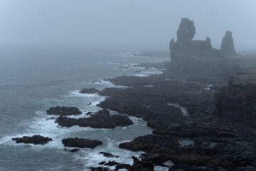 Western Iceland nature landscape. Basalt rock cliff Londrangar in Snaefellsnes (Snæfellsnes)...