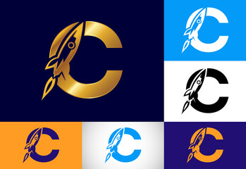 Initial C monogram letter alphabet with a Rocket logo design. Rocket icon. Font emblem. Modern vector logo for business and company identity.