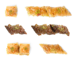 Set with tasty sweet baklava on white background, top view