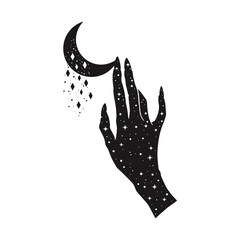 Hand Drawn Dark Witch Hand with Moon and Stars, Vector Set of Female Hands and Moon with Sunburst. Mystic Occult Silhouettes