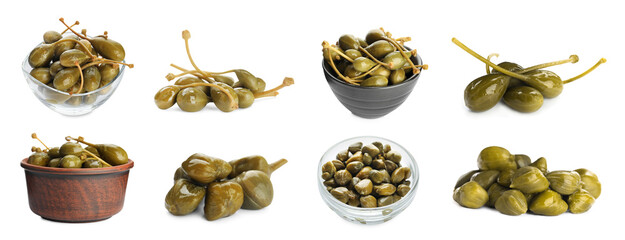 Set with pickled capers on white background. Banner design
