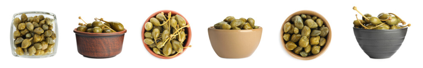 Set with pickled capers on white background. Banner design