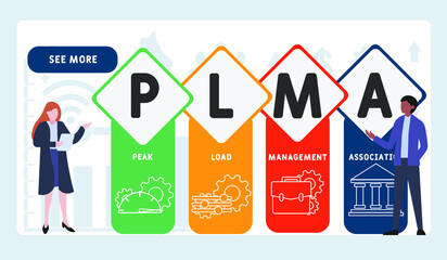 PLMA - Peak Load Management Association acronym. business concept background. vector illustration concept with keywords and icons. lettering illustration with icons for web banner, flyer, landing pag