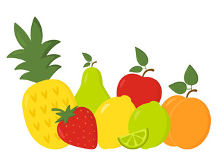 Collection of cute funny summer fruits and berries. Pineapple, cherry, strawberry, lemon, orange, pear. Design elements for kid's stationery, textiles, educational materials.