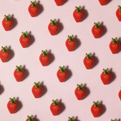 Strawberry pattern on pastel light pink background. Minimalistic fruit concept. Creative nature composition.
