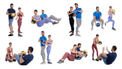 Fototapeta na wymiar Athletic man and woman doing different exercises with medicine balls on white background, collage