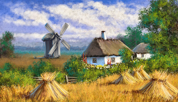 Old village in Ukraine, traditional ukrainian rural house, windmill in the countryside. Digital oil paintings rural landscape, fine art, artwork
