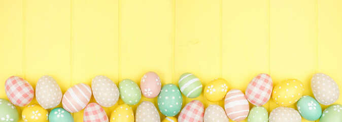 Easter bottom border with modern farmhouse cloth and pastel eggs over a yellow wood banner...