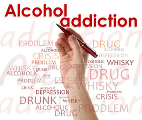 Alcohol addiction? - We can help you. Closeup view of woman with pen against white background
