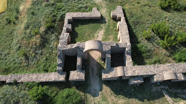 Aerial view of archaeological site, ruins of ancient town and church basilica, Bargala, Stip, Macedonia