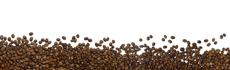 Many roasted coffee beans on white background, top view. Banner design