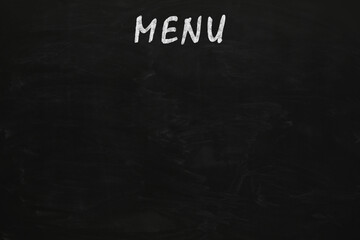 Black chalkboard with word Menu as background. Mockup for design
