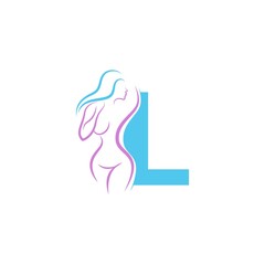 Sexy woman icon in front of letter L  illustration template