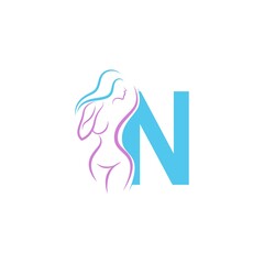 Sexy woman icon in front of letter N  illustration template
