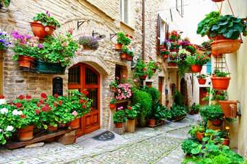 Fototapeta na wymiar Charming floral narrow streets of typical italian villages. Spello in Umbria - famous with fllower decorated walls. Italy