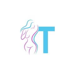 Sexy woman icon in front of letter T  illustration template
