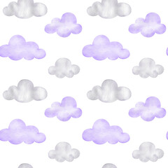 nahtloses Muster mit sehr Peri  violette Wolken. Aquarellhimmel auf weißem Hintergrund. Cartoon-Druck für Kinderstoffe, Papier, Textilien, Scrapbooking