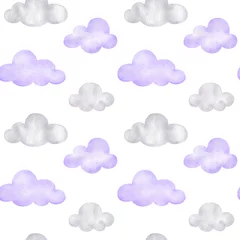 Keuken foto achterwand Pantone 2022 very peri naadloos patroon met zeer peri  violette wolken. Aquarel hemel op een witte achtergrond. Cartoonprint voor kinderstof, papier, textiel, scrapbooking