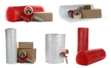 Set with bubble wrap rolls, cardboard boxes and tape dispensers on white background