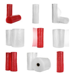 Set with different bubble wrap rolls on white background