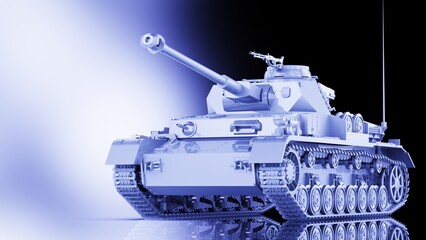 Metallic military silver painting tank on blue-black lighting background. Concept image of power strength, dynamic strategy and strong system. 3D illustration. 3D high quality rendering.  