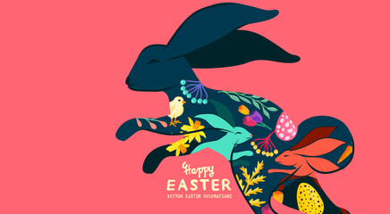 Happy easter rabbit design decorated with spring and easter elements. Vector illustration.