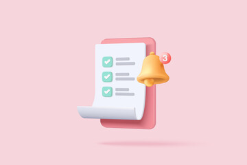 3d white clipboard task management todo check list with notification bell icon, efficient work on project plan alarm concept, alert for todo checklist. 3d vector clipboard render on pink background - obrazy, fototapety, plakaty