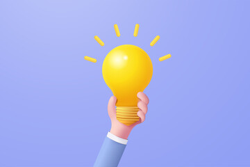 3D idea make money with lamp on hand holding in background. growing business isolated concept, 3d bulb vector render for finance, investment, light bulb in hand like idea make earning concept
