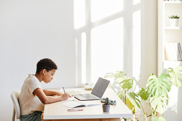 Minimal side view portrait of African American girl using laptop while studying online at home,...